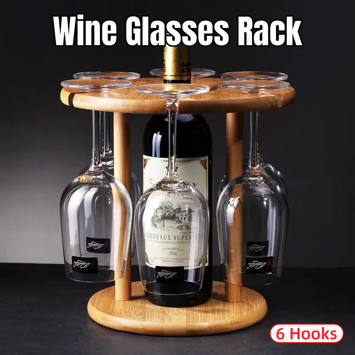 6-Hook Bamboo Wine Glass Holder Inverted Hanging Rack