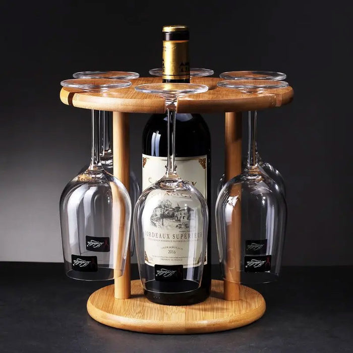 6-Hook Bamboo Wine Glass Holder Inverted Hanging Rack