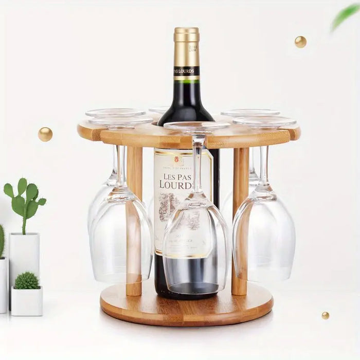 6-Hook Bamboo Wine Glass Holder Inverted Hanging Rack