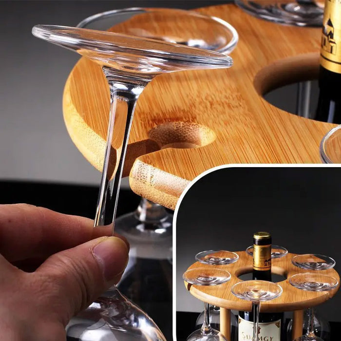 6-Hook Bamboo Wine Glass Holder Inverted Hanging Rack