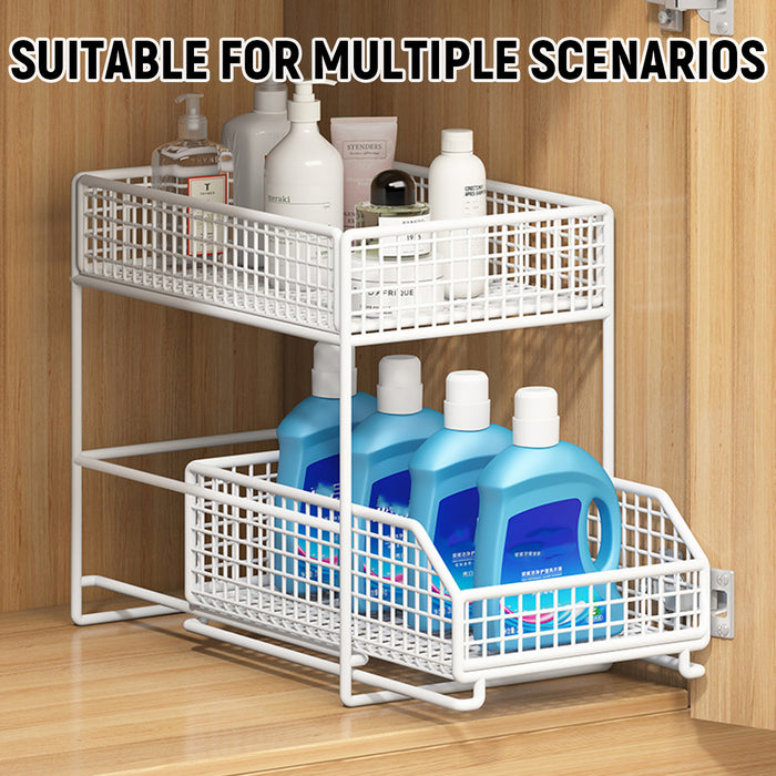 Pull-Out Storage Shelf Two-Tier White Wireframe Organizer