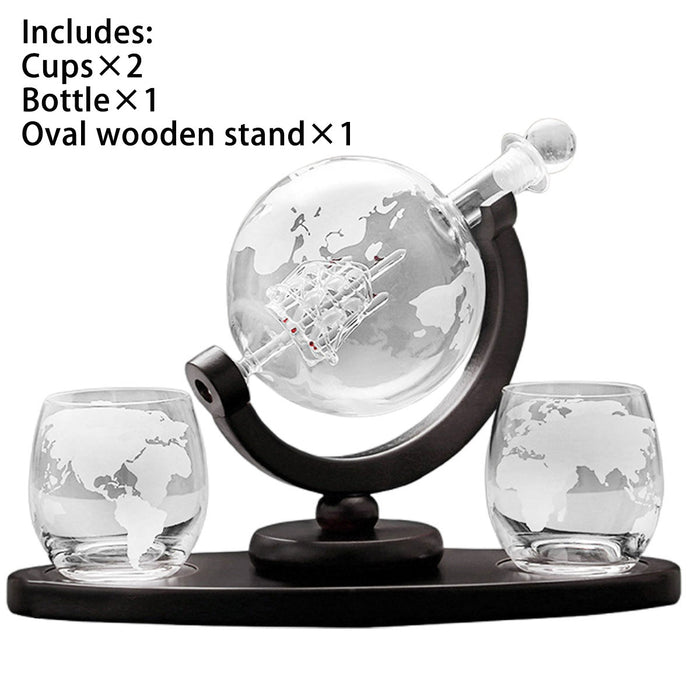 Globe Wine Decanter Set with Sailing Ship and 2 Glasses
