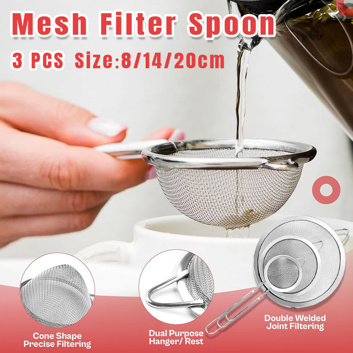 3 Pcs Stainless Steel Flour Sifter Fine Mesh Strainer Set