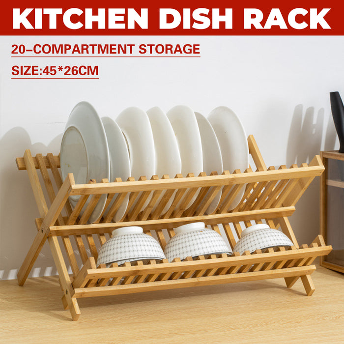Foldable Bamboo 2 Tier Dish Drying Rack for Kitchen Counter