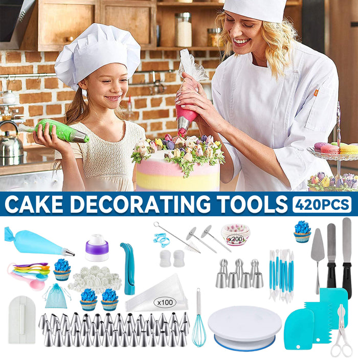 420 Pcs Cake Decorating Kit with 11in Turntable Blue Silver