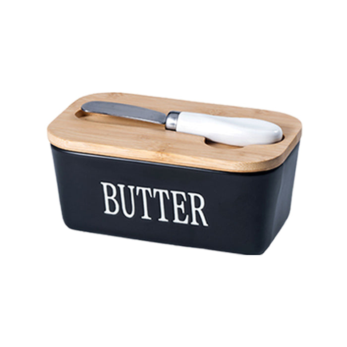 Ceramic Butter Box with Bamboo Lid Knife Slot 14.5cm