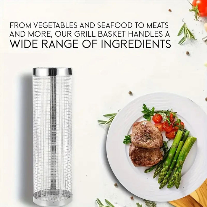 2 Pcs Stainless Steel Rotating BBQ Basket Round Grill Cage Small 20 x 9.5 cm / Large 30 x 9.5 cm