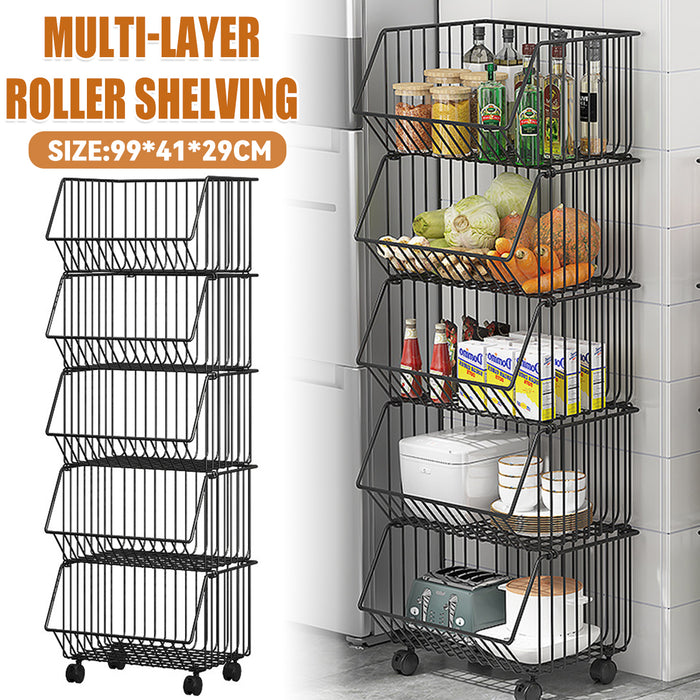 5 Layer Kitchen Storage Rack With Locking Wheels Black