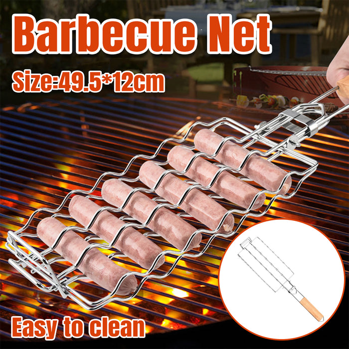 304 Stainless Steel Portable Sausage BBQ Grill Net with Wooden Handle