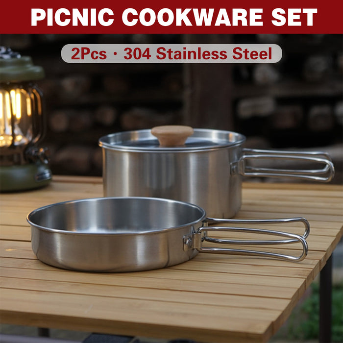 2 Pcs 304 Stainless Steel Camping Pot and Pan Set with Folding Handles