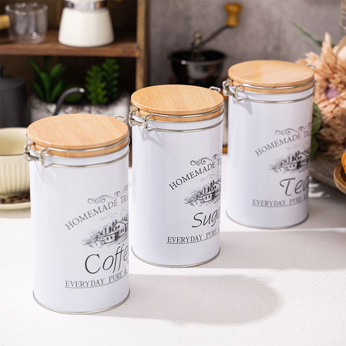 3PCS White Tinplate Coffee Tea Sugar Storage Jar Set