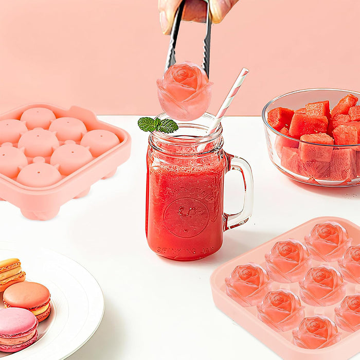 9 Cavity Rose Ice Ball Mould Food Grade Silicone Pink
