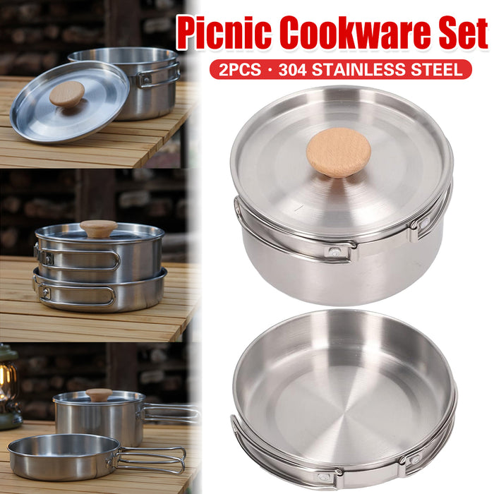 2 Pcs 304 Stainless Steel Camping Pot and Pan Set with Folding Handles