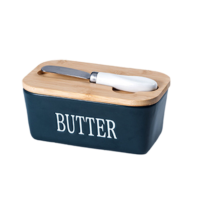 Ceramic Butter Box with Bamboo Lid Knife Slot 14.5cm