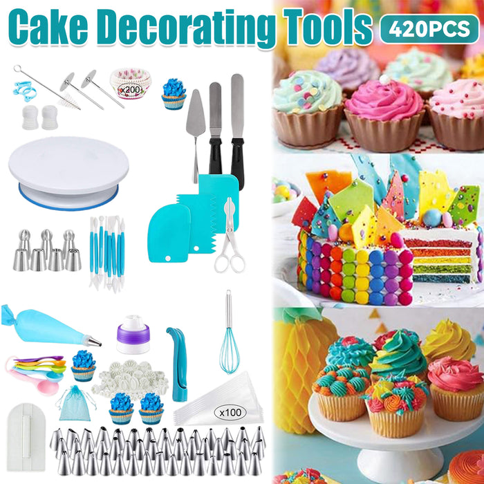 420 Pcs Cake Decorating Kit with 11in Turntable Blue Silver