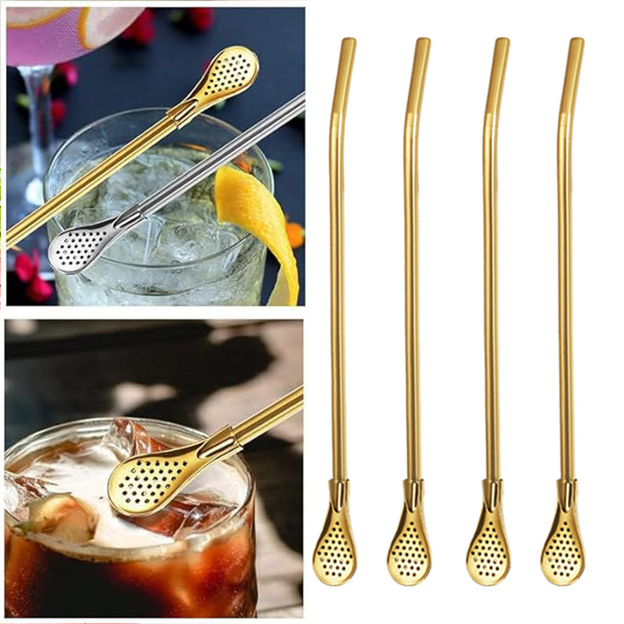 5 Pcs Straw Spoons with Removable Filter 18cm Stainless Steel