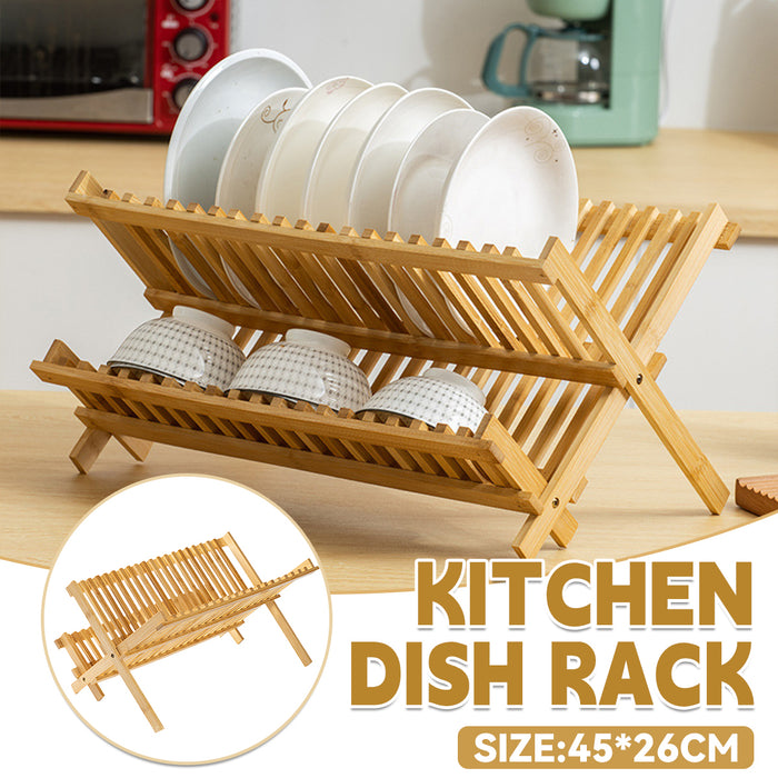 Foldable Bamboo 2 Tier Dish Drying Rack for Kitchen Counter