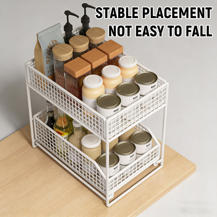 Pull-Out Storage Shelf Two-Tier White Wireframe Organizer