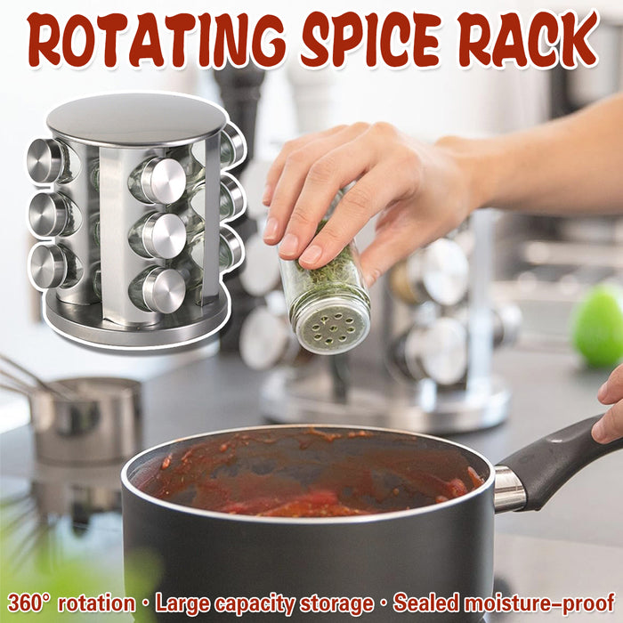 Stainless Steel Rotating Spice Rack with 12 Glass Jars
