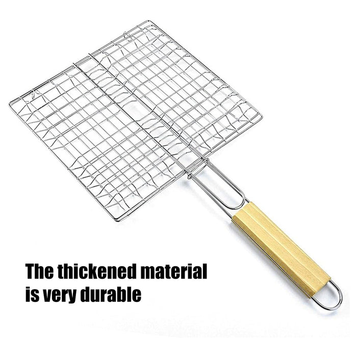 2 Pcs Electroplated Iron BBQ Net Clamp with Wooden Handle Square Mesh