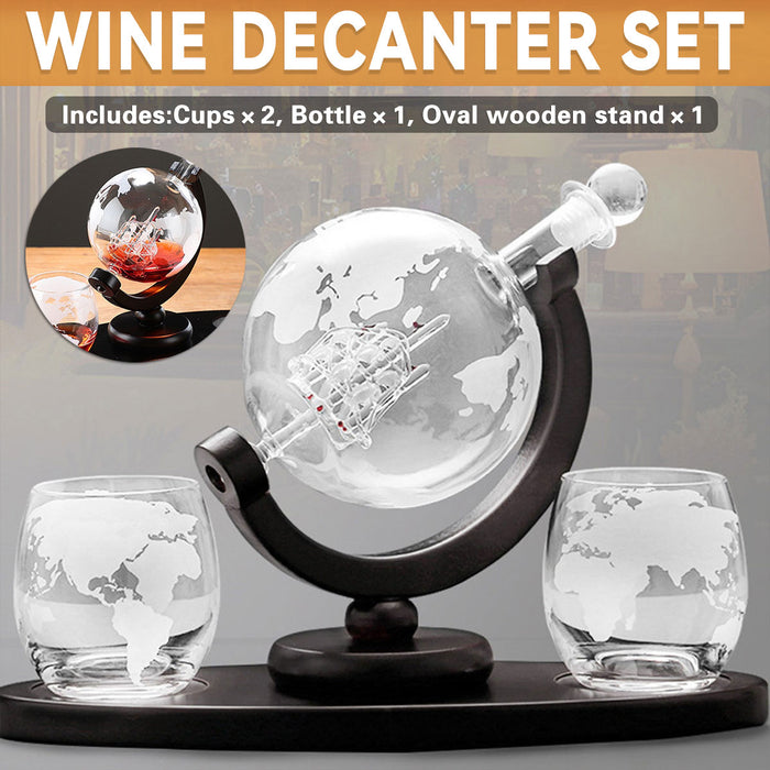 Globe Wine Decanter Set with Sailing Ship and 2 Glasses