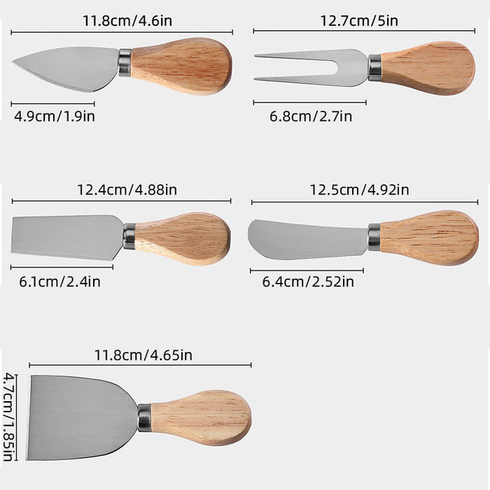6 Pcs Stainless Steel Cheese Knife Set with Oak Stand