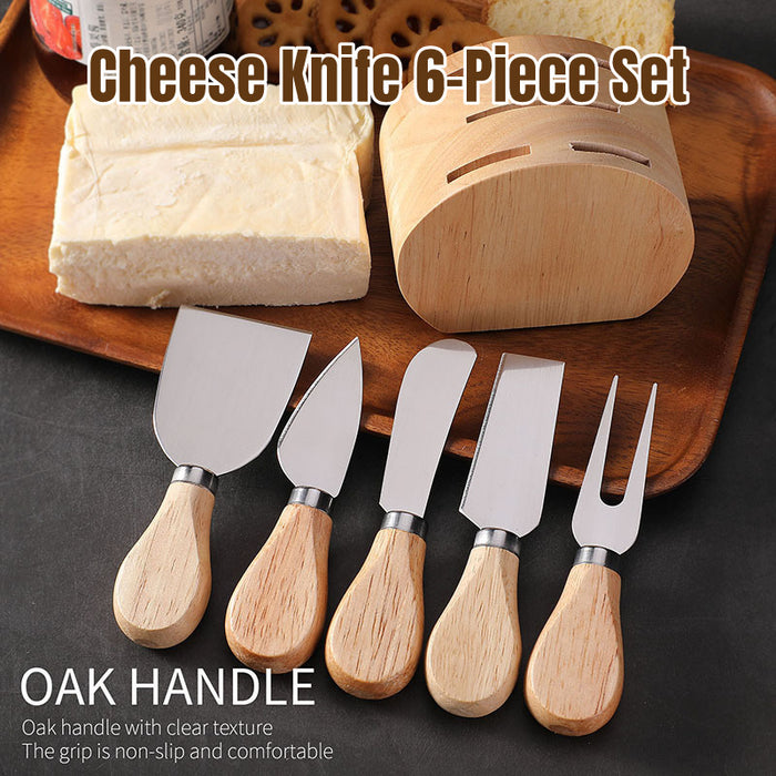 6 Pcs Stainless Steel Cheese Knife Set with Oak Stand
