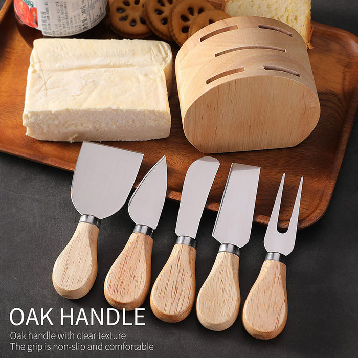 6 Pcs Stainless Steel Cheese Knife Set with Oak Stand