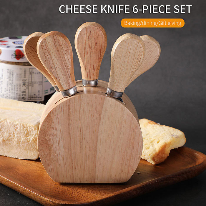 6 Pcs Stainless Steel Cheese Knife Set with Oak Stand