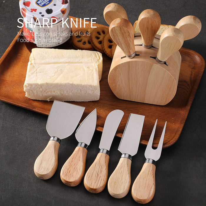 6 Pcs Stainless Steel Cheese Knife Set with Oak Stand