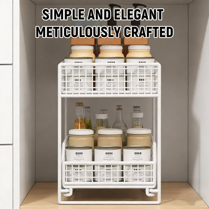 Pull-Out Storage Shelf Two-Tier White Wireframe Organizer