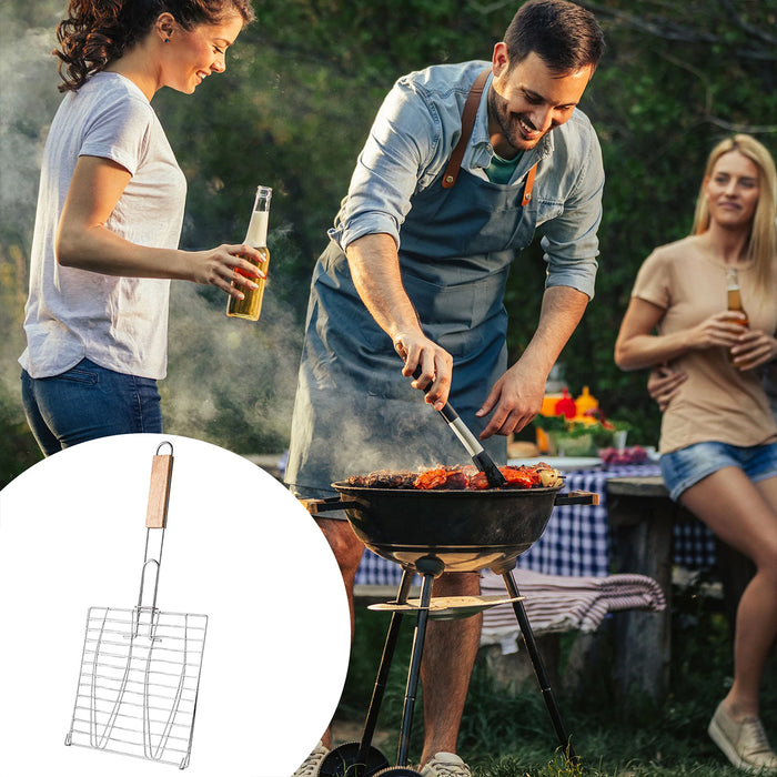 Iron BBQ Net Clamp with Wooden Handle Fish and Square Shape 2 Sizes