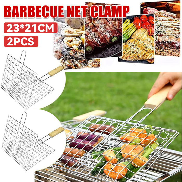 2 Pcs Electroplated Iron BBQ Net Clamp with Wooden Handle Square Mesh