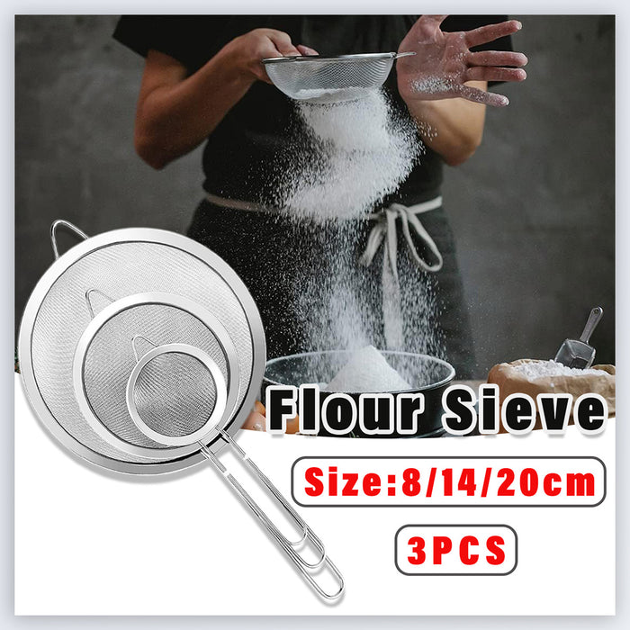 3 Pcs Stainless Steel Flour Sifter Fine Mesh Strainer Set
