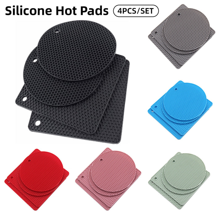 4 Pcs Silicone Honeycomb Heat Resistant Mats Round 17.5 cm Square 18.5 cm Up to 450°F