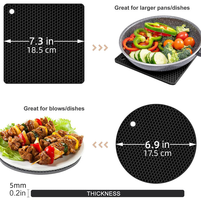 4 Pcs Silicone Honeycomb Heat Resistant Mats Round 17.5 cm Square 18.5 cm Up to 450°F