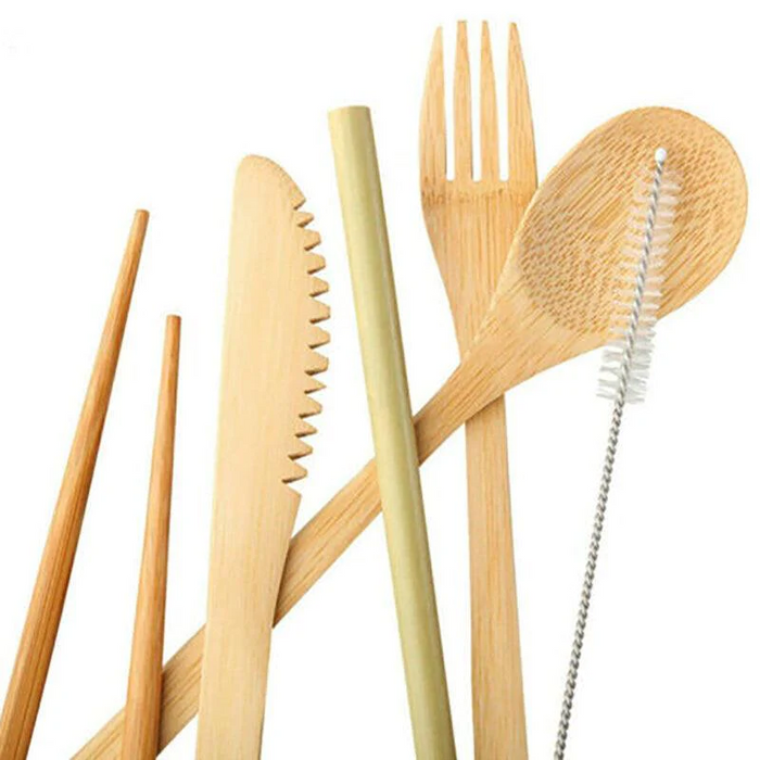 7 Pcs Reusable Bamboo Cutlery Set for Camping with Pouch