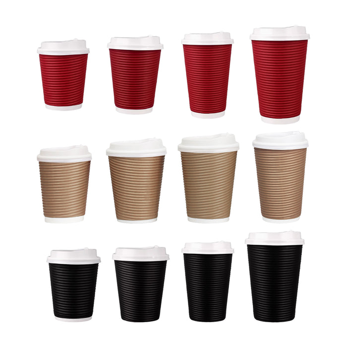 50 Sets Corrugated Paper Cups With White Lids 8oz 12oz 14oz 16oz