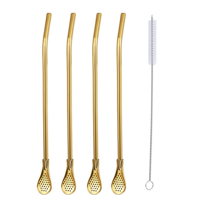 5 Pcs Straw Spoons with Removable Filter 18cm Stainless Steel