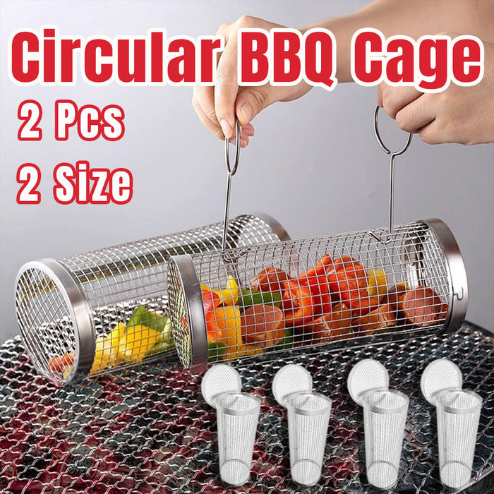2 Pcs Stainless Steel Rotating BBQ Basket Round Grill Cage Small 20 x 9.5 cm / Large 30 x 9.5 cm