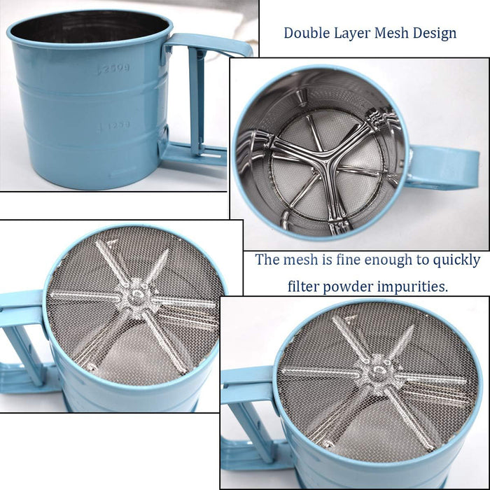 Stainless Steel Hand Crank Rotary Flour Sifter for Baking in Pink or Blue