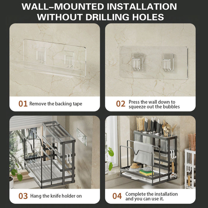 Kitchen Knife Rack Carbon Steel No Drill With Drip Tray