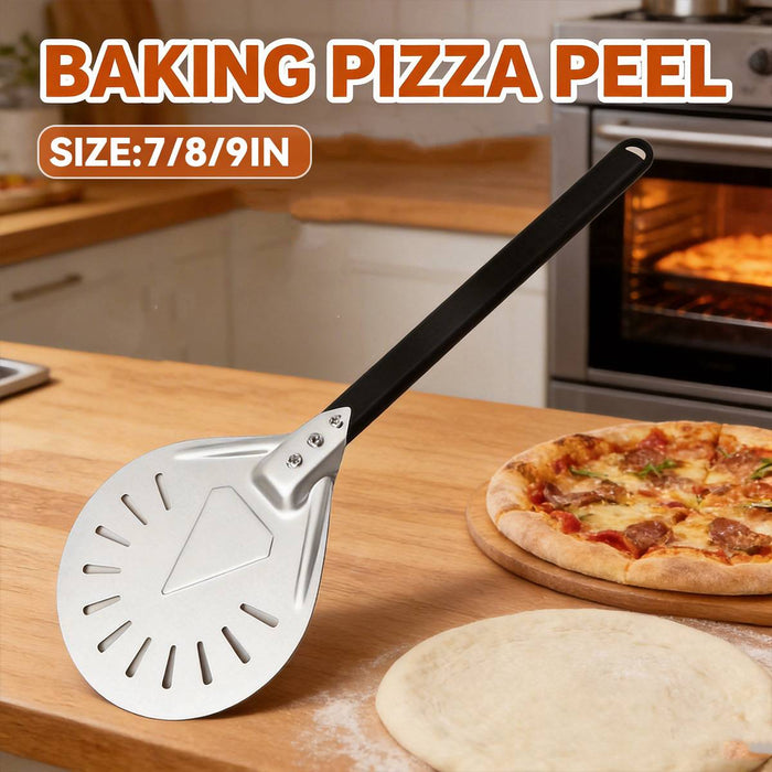 304 Stainless Steel Perforated Pizza Peel with Wooden Handle 3 Sizes 7 in / 8 in / 9 in
