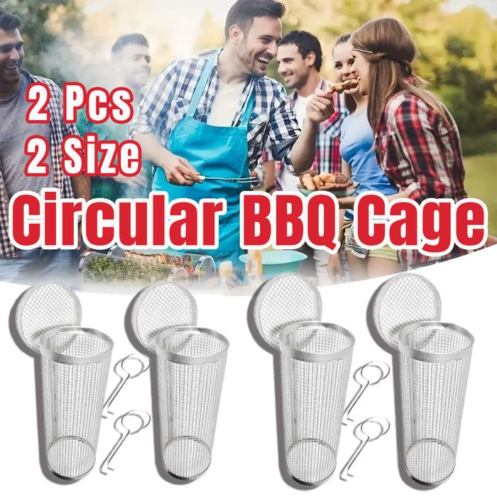 2 Pcs Stainless Steel Rotating BBQ Basket Round Grill Cage Small 20 x 9.5 cm / Large 30 x 9.5 cm