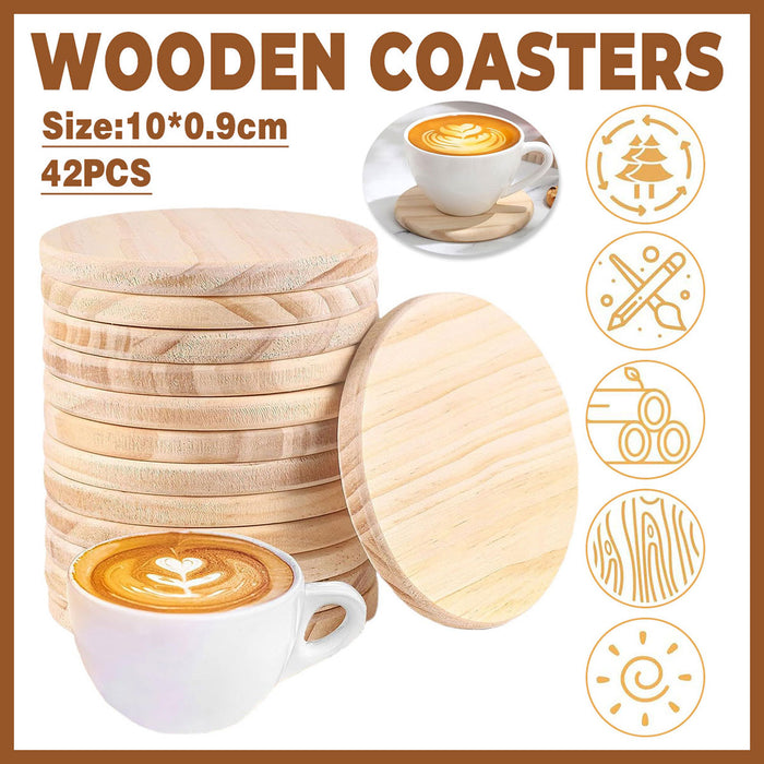 42 Pcs Wooden Coasters with Non Slip Base 10cm