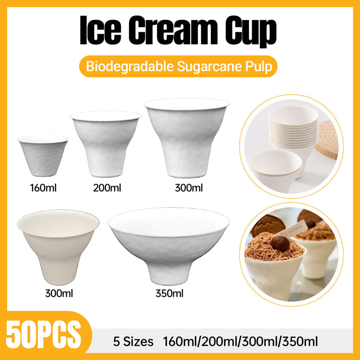 50 Pcs Sugarcane Pulp Ice Cream Cups White Biodegradable