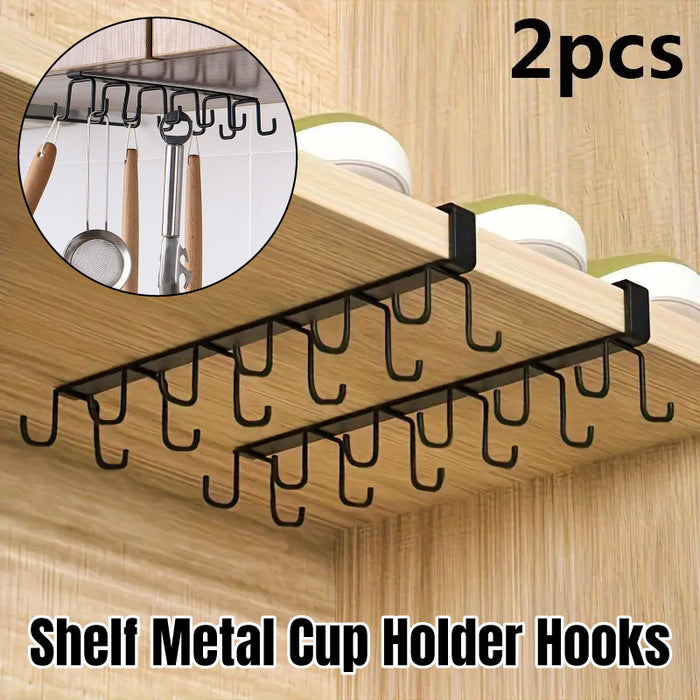 2 Pcs Punch Free Cup Holder Rack Double Row Hooks Kitchen