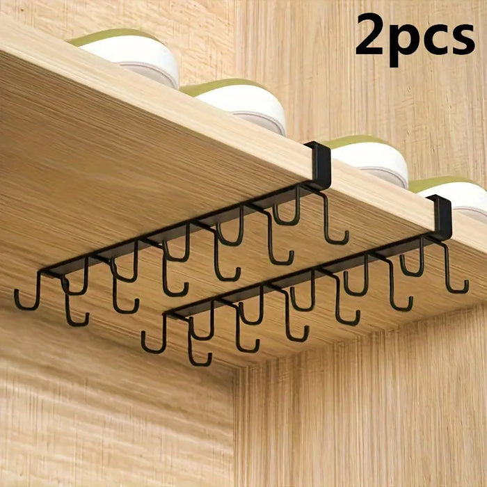 2 Pcs Punch Free Cup Holder Rack Double Row Hooks Kitchen