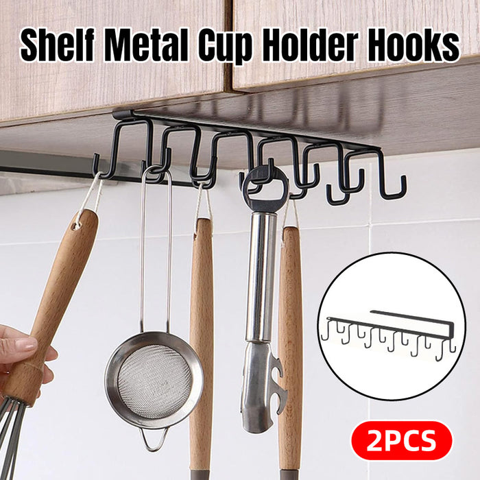 2 Pcs Punch Free Cup Holder Rack Double Row Hooks Kitchen