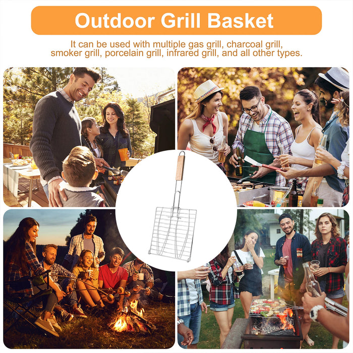 Iron BBQ Net Clamp with Wooden Handle Fish and Square Shape 2 Sizes
